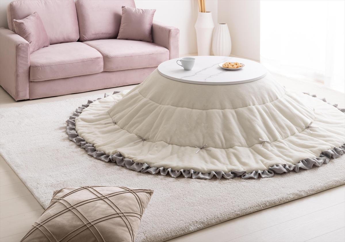 【円形:197cm】リボン&フリル付きリバーシブルファーこたつ布団 - Imagem 10