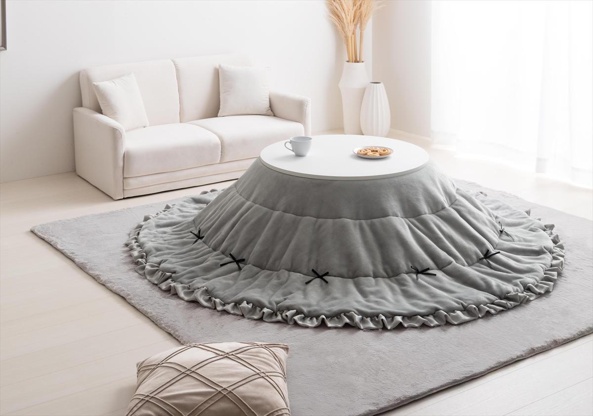 【円形:197cm】リボン&フリル付きリバーシブルファーこたつ布団 - Imagem 9