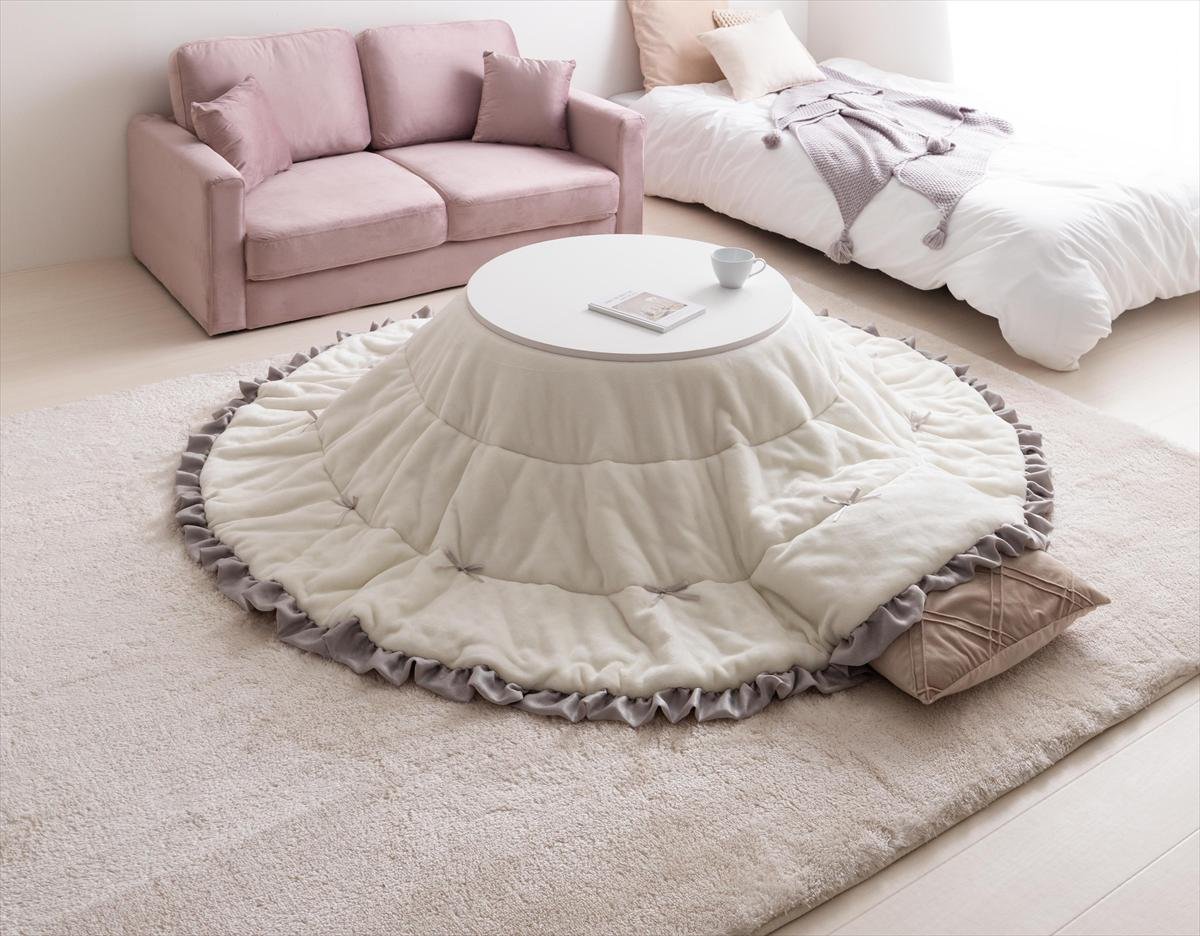 【円形:197cm】リボン&フリル付きリバーシブルファーこたつ布団 - Imagem 4